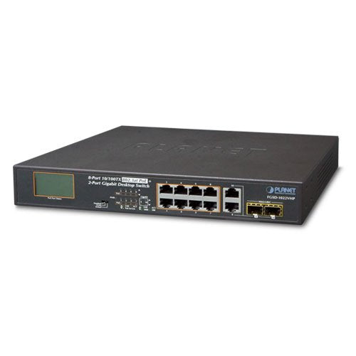 Planet FGSD-1022VHP 8-Port 10/100TX 802.3at PoE + 2-Port Gigabit TP/SFP combo Desktop Switch with LCD PoE Monitor (120W)