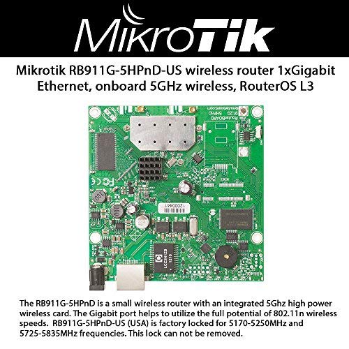 Mikrotik RB911G-5HPnD-US wireless router 1xGigabit Ethernet, onboard 5GHz wireless, RouterOS L3