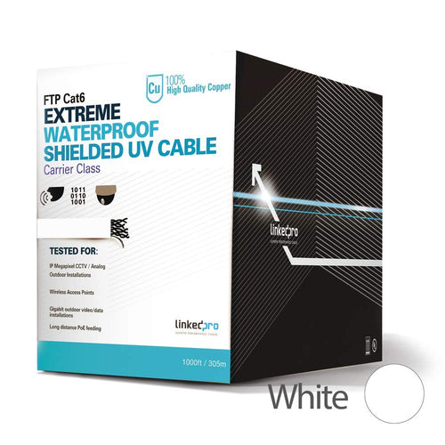 New LINKEDPRO Cat6 UTP Cable for Outdoor, White, 1000 ft (305 m), for CCTV Applications, Data Networks. Model PROCAT6EXTLITEW