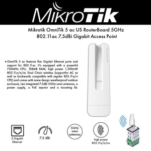 Mikrotik OmniTIK 5 ac (RBOmniTikG-5HacD-US) 5GHz 802.11ac 7.5dBi Gigabit Ethernet ports for 802.11ac Access Point