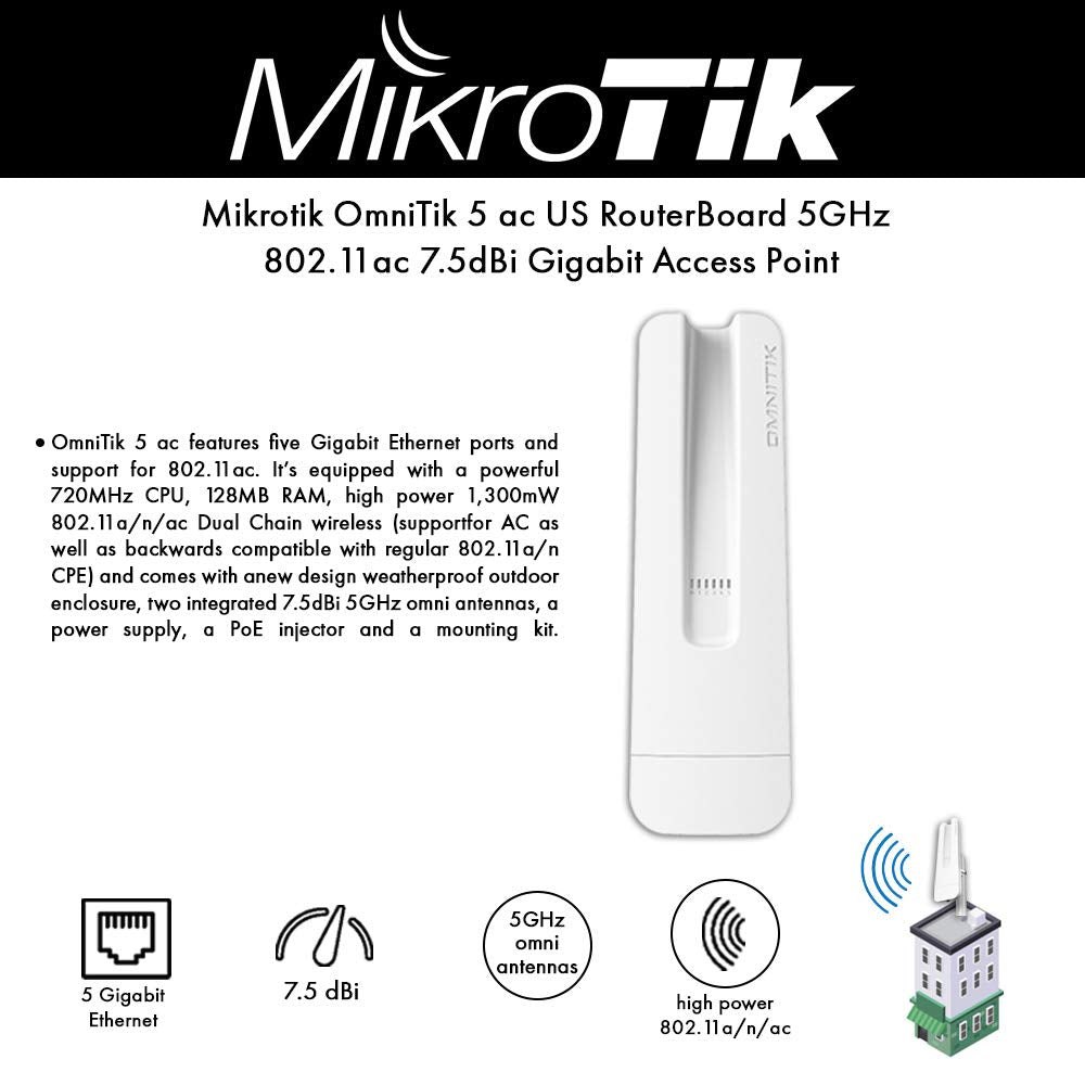 Mikrotik OmniTIK 5 ac (RBOmniTikG-5HacD-US) 5GHz 802.11ac 7.5dBi Gigabit Ethernet ports for 802.11ac Access Point