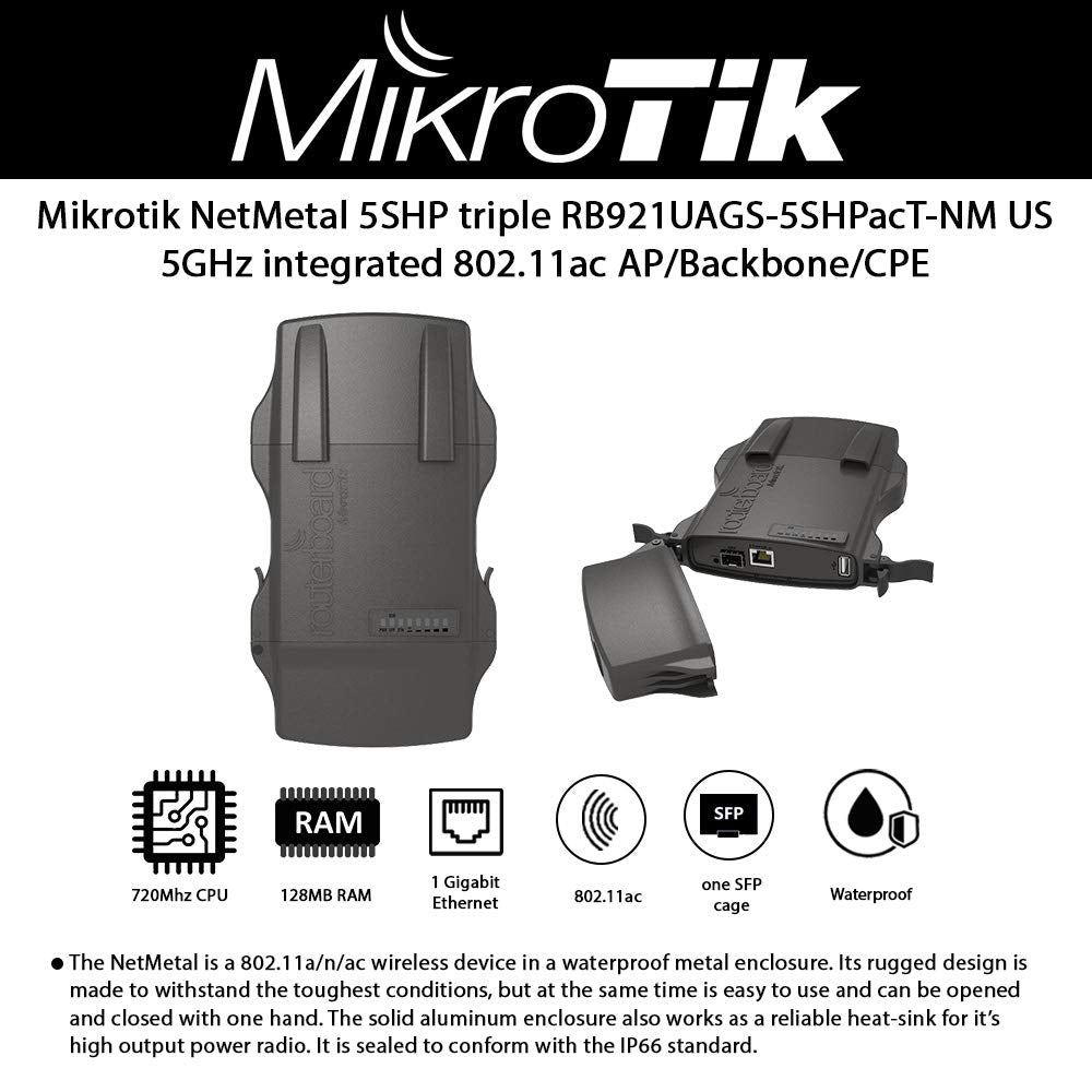 Mikrotik NetMETAL 5 RB921UAGS-5SHPacT-NM US Version wireless device Super High power 2000mW 3x3 Tripple Chain 802.11ac wireless, 3xRPSMA connectors, RouterOS L4, POE