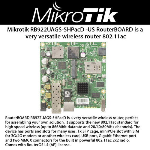 Mikrotik RB922UAGS-5HPacD -US Version RouterBOARD is a very versatile wireless router 802.11ac 128MB 1xSFP OSL4 PoE USB